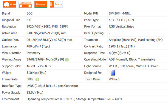 8ms Response Time 43 Inch  TFT LCD Screen Panel 72% NTSC Color Gamut
